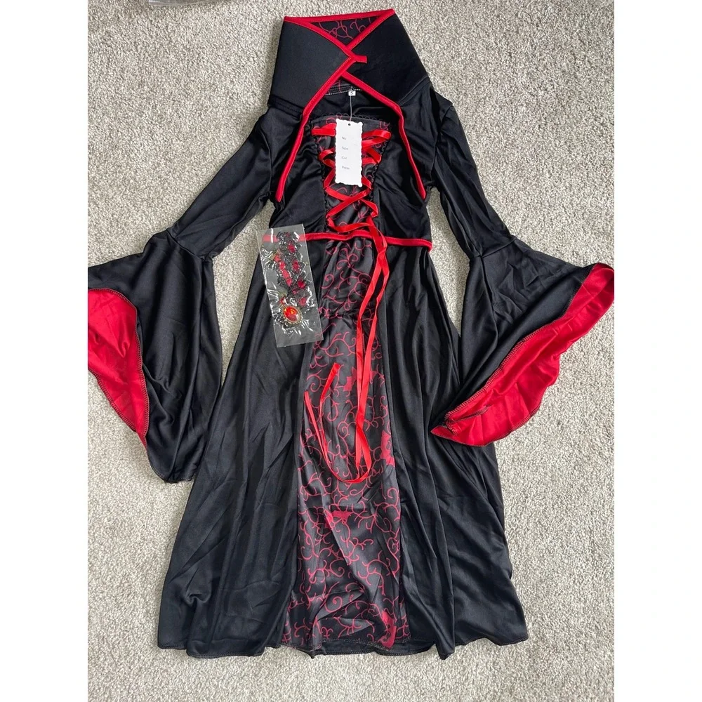 Girl Kids Vampire Costume Black Red Gothic Dress Choker Set Size S NWT